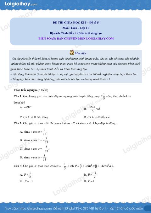 Đề thi giữa kì 1 Toán 11 Cánh diều - Đề số 5